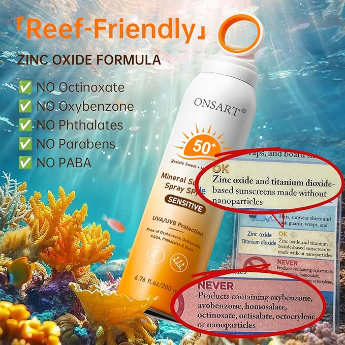 Mineral Sunscreen Spray SPF 50+, Reef Safe, Zinc Oxide Sunscreen, Broad Spectrum UVA/UVB, 360° Ring Spray, Water Resistant 80 Minutes, Lightweight Non-Greasy, 6.76 fl Oz (Pack of 2)