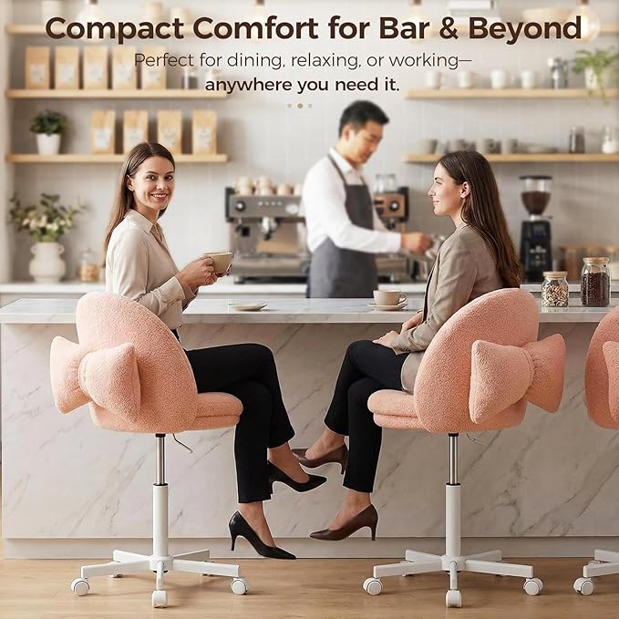 GTPOFFICE Vanity Chair with Back, Adjustable Tall Office Chair High Swivel Bar Stools Fluffy Cute Desk Chair Comfy with Wheels Bow Pillow Armlees for Adults Standing Desk Bar, Teddy Velvet, Pink