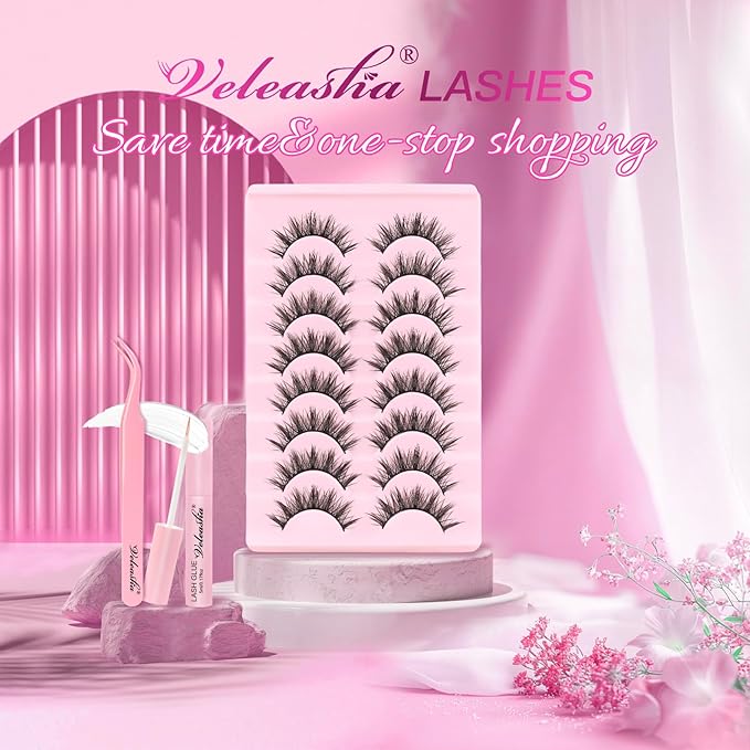 Veleasha Lashes Kit Natural Eyelashes Manga Spiky False Eyelashes Crisscross Wispy Fake Lashes Soft wirh Glue & Tweezers with Cotton Band 8 Pairs Pack (Natural Kit)