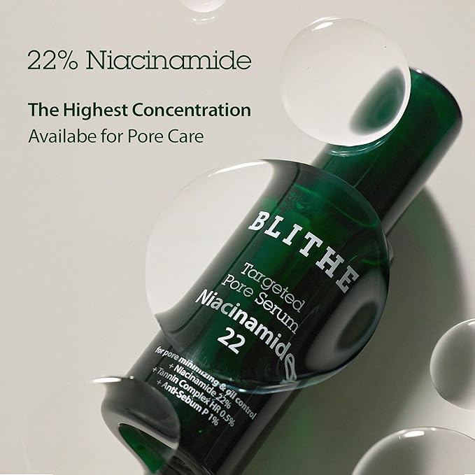 BLITHE Targeted Pore Serum with 22% Niacinamide for Oil Control, Pore Minimizer for Face, Korean Skin Care,1 fl oz
