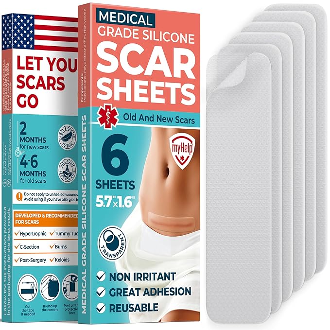 Medical Grade Silicone Scar Sheets - Transparent - 6pk (5.7”x1.6”) - Visible Difference on Surgical & Keloid Scars - Reusable C-Section Scar Silicone Strips - Easy to Use Strips