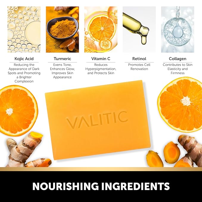 VALITIC Kojic Acid Soap for Hyperpigmentation - with Glutathione, Collagen & Vitamin C - Advanced Soap Bars with Turmeric - Original Japanese Complex for Dark Spot Correction - 4 Pack + Holder