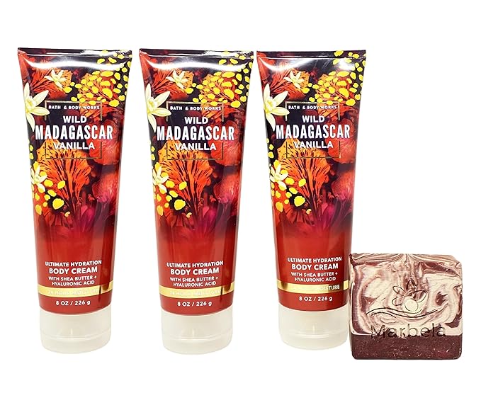 Bath & Body Works Wild Madagascar Vanilla 3 Pack Body Cream Bundle with a Cherry On Top Bar Soap - Full Size