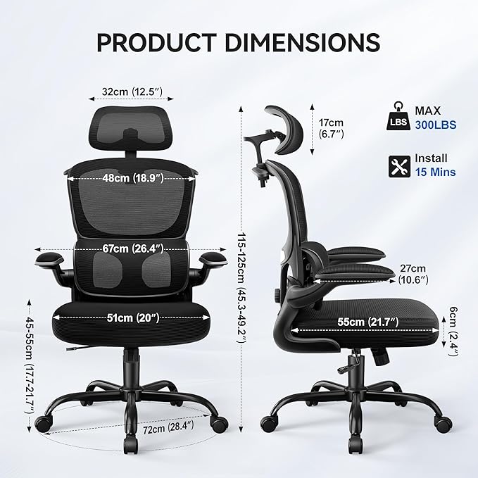 Ergonomic Office Chair, Mesh Desk Chair with Lumbar Support, High Back Home Office Chair with Adjustable Headrest and Flip-Up Arms, Comfortable Computer Chair, Thick Cushion,Black-8 Pack
