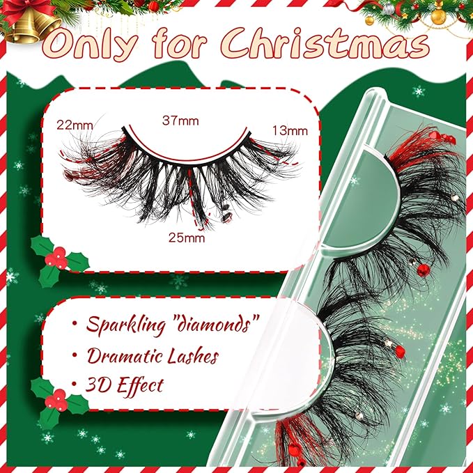 Veleasha Christmas LE Lashes Dramatic Eyelashes with Diamonds Cat Eye Lashes Colored False Eyelashes Fluffy Faux Mink Lash with Glue & Tweezers Look Like Lash Extensions (Christmas LE)