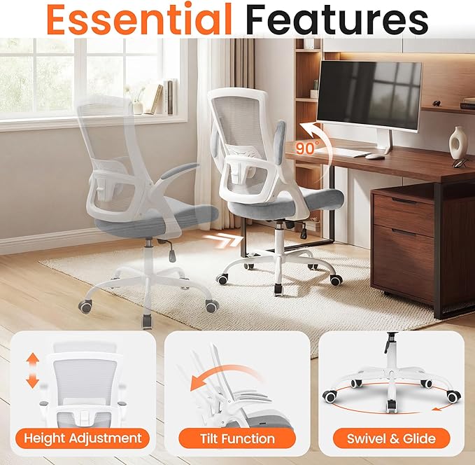 NEO Chair Office Chair High Back Desk Mesh Chair Comfy Computer Gaming Seat with Adjustable Ergonomic Lumbar Rolling Flip-up Armrests and Wheels (Grey)