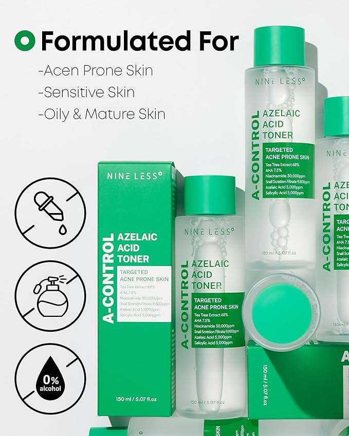 Nineless A-Control Azelaic Acid Toner with AHA & BHA - Pore Refining & Soothing Facial Toner for Acne-Prone Skin - Redness Relief & Dark Spot Corrector, Korean Skincare, 5.07 fl.oz