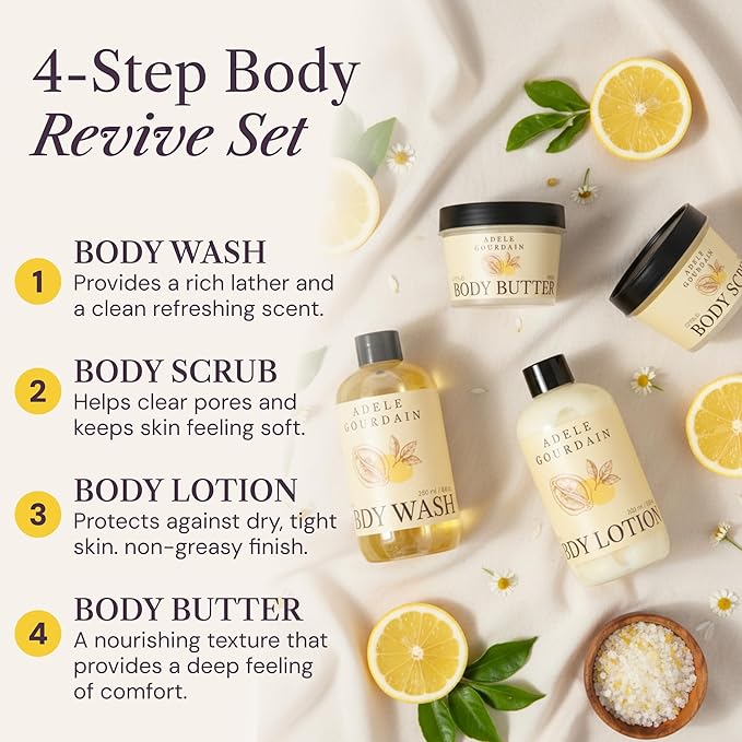 Self Care Kit Woman - 4pcs Citrus Scent - Bath and Body Care Gift Basket for Women - Personal Care Spa Care Package with Body Wash, Lotion, Scrub & Butter, Birthday Gifts for Her