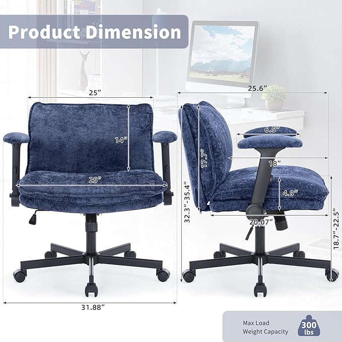 Cross Legged Office Chair, Height Adjustable Swivel Desk Chair with Flip-Up Arms, Padded Criss Cross Chair for Home Office & Bedroom