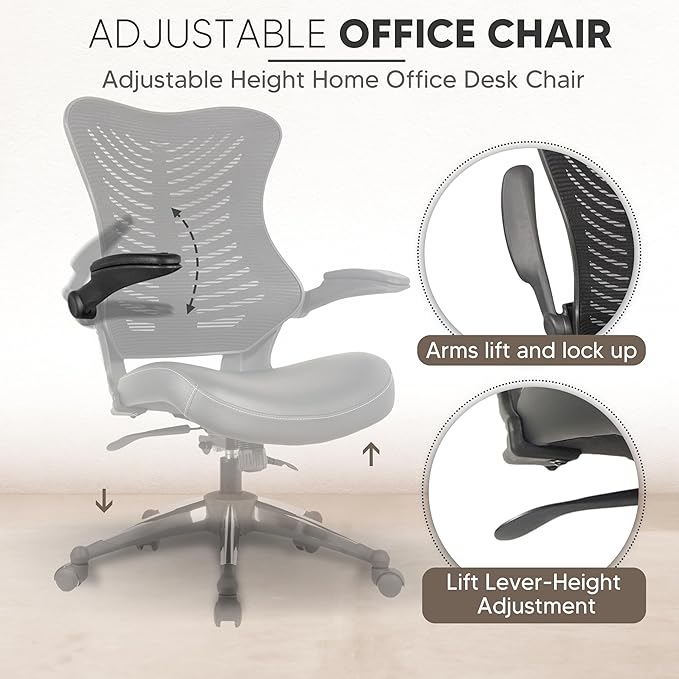 OfficeFactor Executive Ergonomic Computer Office Chair Back Mesh Bonded Leather Seat Flip-up Arms Lumbar Support Molded Foam Seat Adjustable Height Home Office Desk Chair (Black)