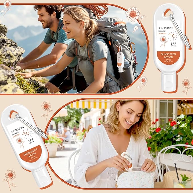 Leelosp 6 Pcs SPF 46 Mini Sunscreen with Carabiner Multi-pack Travel Water Resistant Sunscreen for Women Mother's Day Gift Summer Beach Trip Supplies Wedding Bridal Shower Thank Guest Gift (2oz)