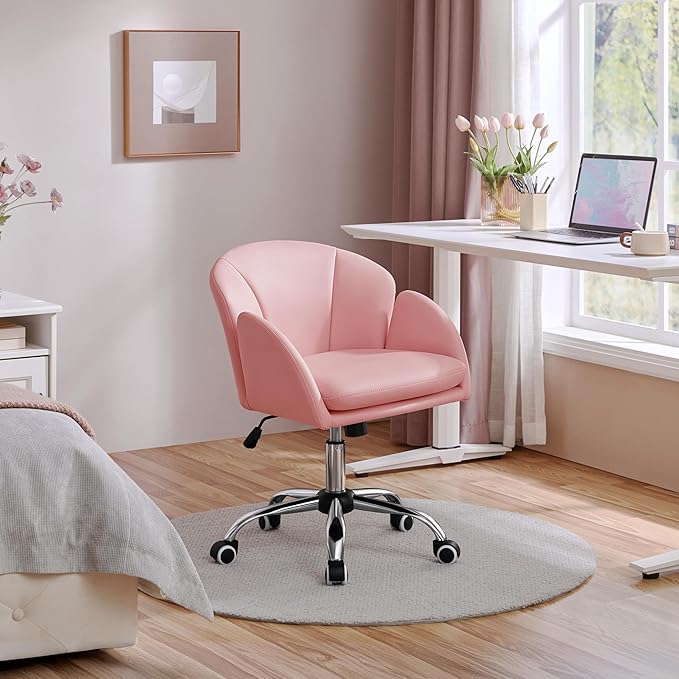 Yaheetech Cute Petal Desk Chair Home Office Chair Swivel Upholstered Leather Desk Chair Makeup Vanity Chair with Armrests for Bedroom Modern Computer Rolling Chair for Women Simple Pink