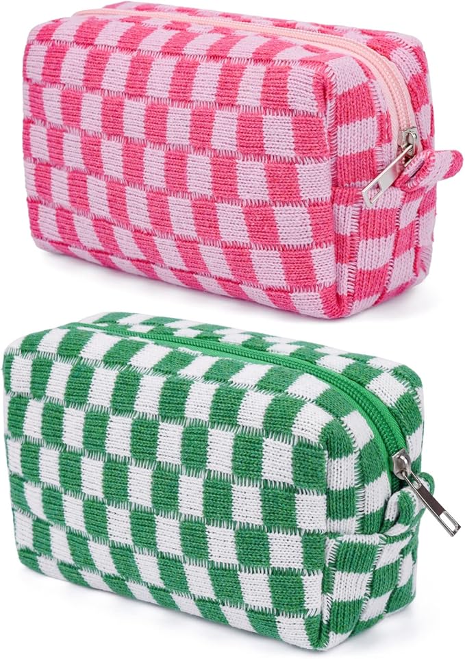 SOIDRAM 2 Pieces Makeup Bag Pouch Checkered Cosmetic Bag Pink Green, Travel Toiletry Bag Organizer Cute Makeup Brushes Storage Bag for Women