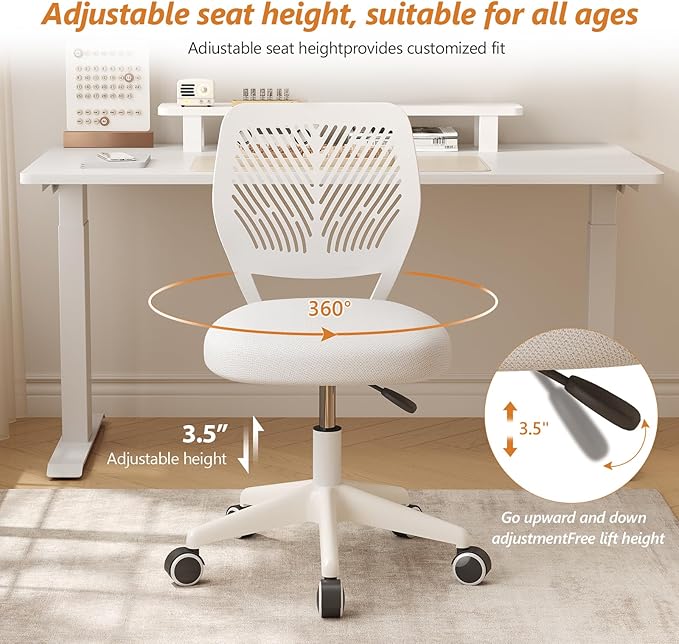 Armless Desk Chair, Height Adjustable Swivel Office Rolling Task Chairs with Soft Mesh Padded Cushion, Ergonomic Small Study Computer Chair for Girls Boys Teens (White, 2PCS)