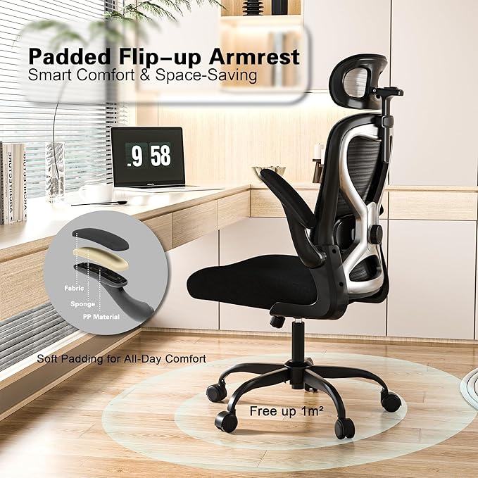 Ergonomic Office Chair, Mesh Desk Chair with Headrest, Lumbar Support, Thick Seat Cushion, Flip-up Arms, High Back Computer Task Chairs for Home Office, Black/Silver