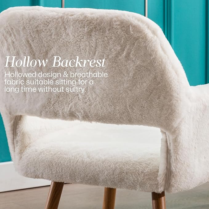 Home Office Faux Fur Desk Chair, Fluffy Makeup Vanity Chair, Comfy Accent Armchair with Wood Grain Metal Legs, Cute Dining Chair with Hollowed Back, White