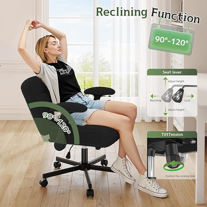 Criss Cross Chair with Wheels, Cross Legged Office Chair with Flip-up Armrests, Wide Desk Chair for Bedroom, Home Office, Apartment, Plush Fabric, Black