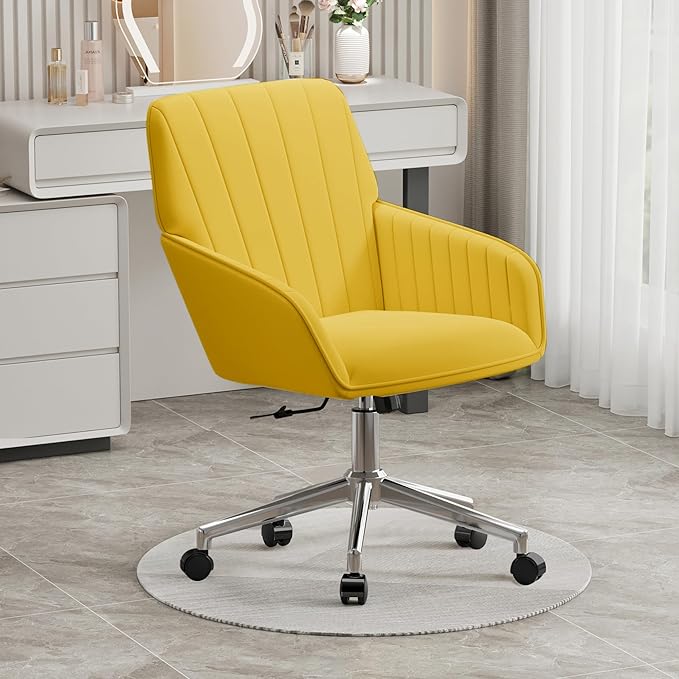 YISHENG Velvet Office Desk Chair with Silver Base, with Wheels,Modern Height Adjustable 360 Degree Swivel Upholstered Vanity Chairs with Arms for Living Room Bedroom,Yellow