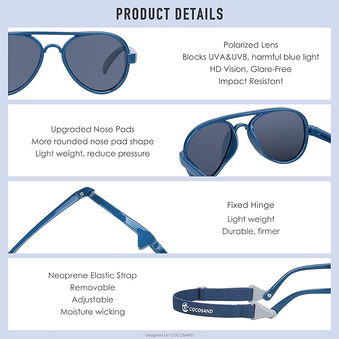 COCOSAND Baby Boys Girls Aviator Sunglasses with Strap Polarized Flexible Retro Pilot for Infants Toddler Age 0-24 Months