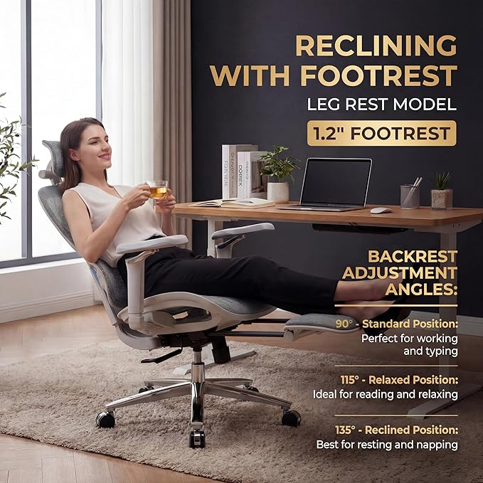 Ergonomic Office Chair with Footrest & Massage Lumbar Support – Adjustable Seat Depth & Back Height Reclining Big and Tall 400LBS Mesh Chair, 4D Headrest & 6D Armrests, for Home Office/Gaming(Gray)