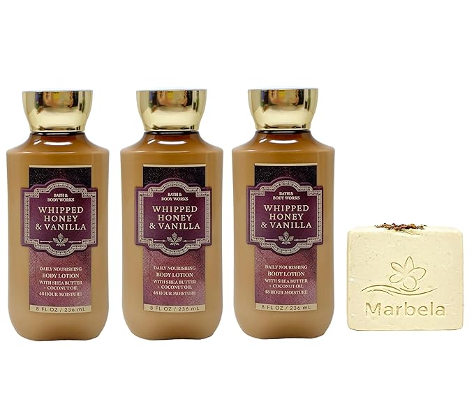 Bath & Body Works Whipped Honey & Vanilla 3 Pack Body Lotion Bundle with a Creamy Rose Bar Soap - Full Size