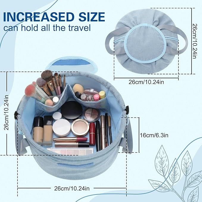 makeup bag lay flat Lay Flat Barrel Drawstring Corduroy Makeup Bag for Women Portable Open-flat Large Capacity Travel Cosmetic Organizer, Skincare & Brush Storage(Blue)