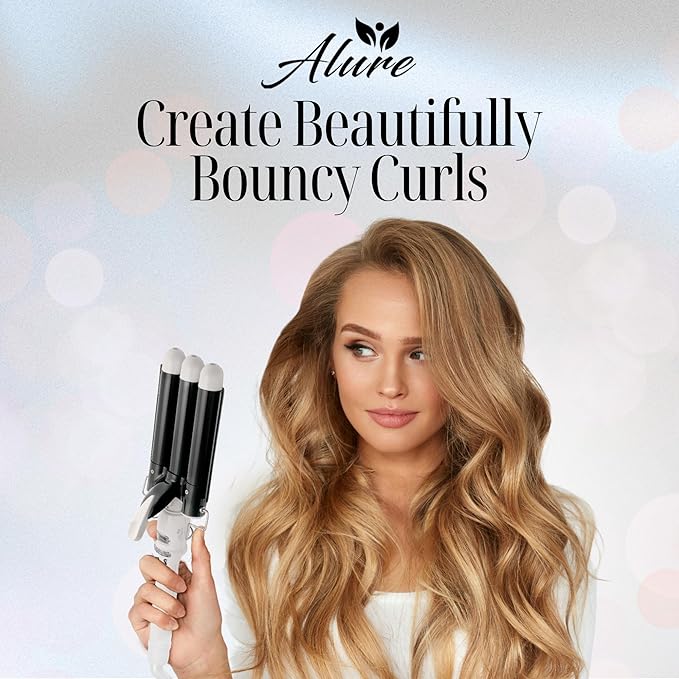 Alure Three Barrel Curling Iron Wand with LCD Temperature Display - 1 Inch Ceramic Tourmaline Triple Barrels, Dual Voltage Crimping Tool, Best Hair Waver for Beachy/Frizz Free Waves (zBlack/White)