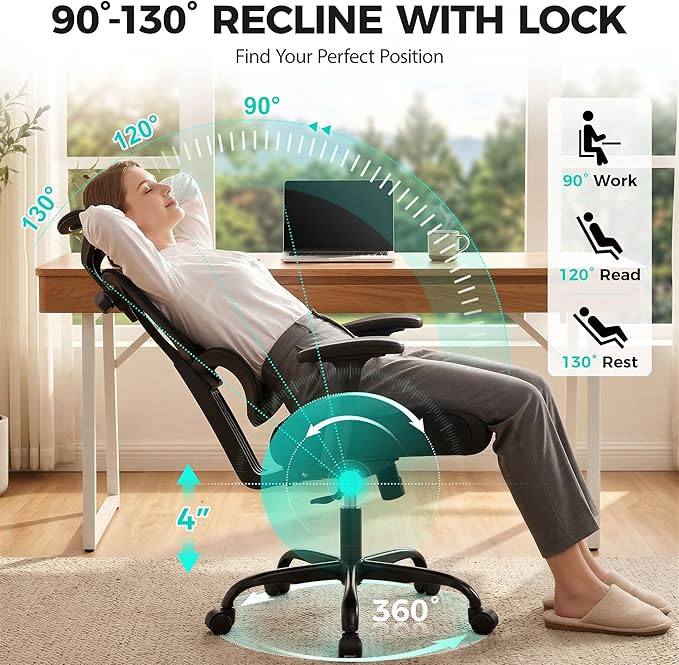 Ergonomic Office Chair High Back Desk Chair with Lumbar Support, Breathable Mesh Computer Chair with Adjustable Armrests Height, Reclining Swivel Big and Tall Gaming Chair for Home Office(Black)
