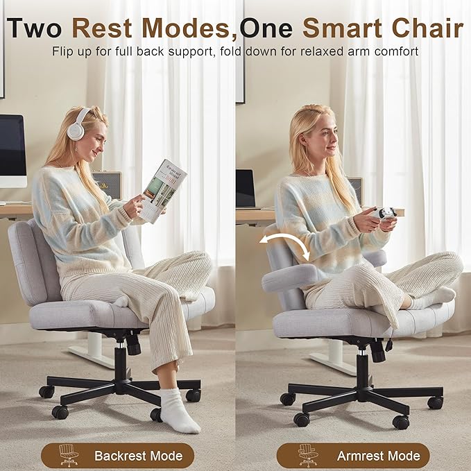 Criss Cross Chair with Wheels - Wide Seat Cross Legged Office Chair with Flip-up Arms - Comfy Swivel Rolling Desk Chair with Thick Cushion and Rocking Function for Home Office Vanity Bedroom