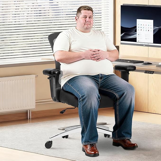 Bigroof Big and Tall Office Chair 600lbs, Heavy Duty Ergonomic Mesh Chair, Computer Executive Desk Chair with Wide Thick Seat, Adjustable Armrests, Lumbar Support (Black, 600LBS)