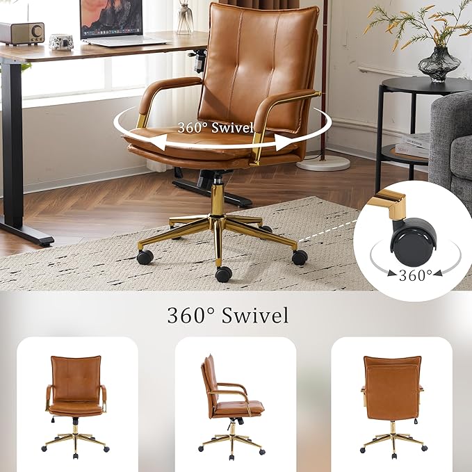 MOJAY Office Chair, Leather Desk Chair, Brown Desk Chair, Mid Century Modern Office Chair, Swivel Comfy Upholstered Wide Seat Chair with Gold Legs and Armrests for Home, Office (Camel&Golden)