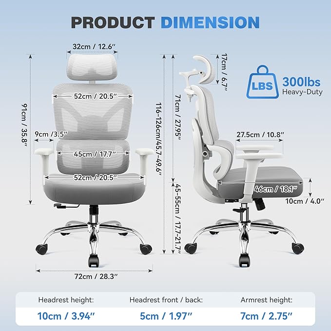Ergonomic Office Desk Chair, High Back Mesh Office Chair with Adjustable Lumbar Support, 3D Headrest, Big and Tall Home Computer Desk Chairs Comfy for Work, Gaming, 300lbs, (Gray, 8 Pack)