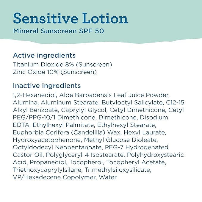 Blue Lizard Sensitive Mineral SPF 50 Sunscreen Lotion, 100% Mineral Sunscreen, UVA/UVB Protection, Infused with organic Aloe Vera, Soothes and Hydrates, 5 fl oz | with Zinc Oxide, 50+, Water Resistant, UVAUVB Protection, Sensitve