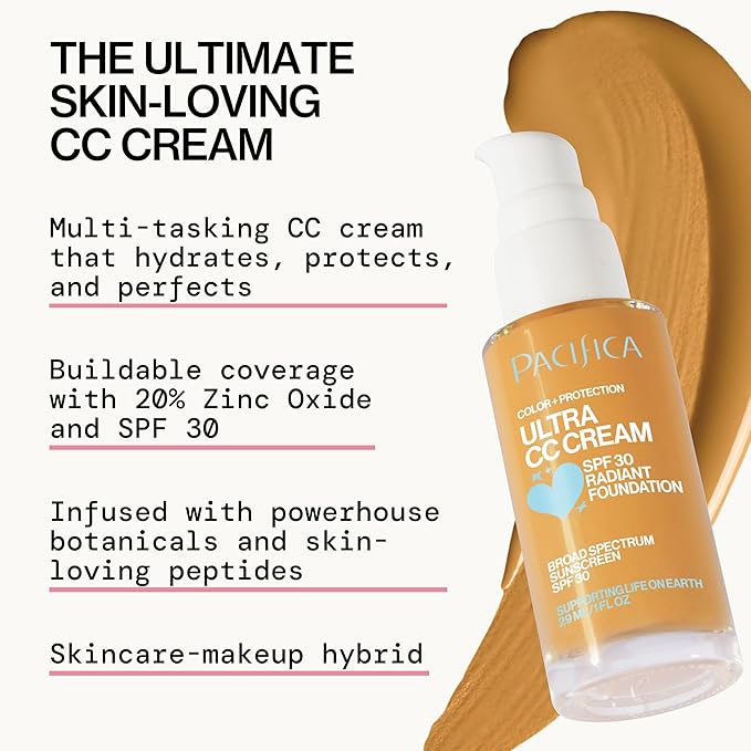 Pacifica Ultra CC Cream Radiant Foundation SPF 17 - Warm/Medium – Medium Coverage Color Correcting Cream, Dewy Finish, Mineral SPF, 1 oz