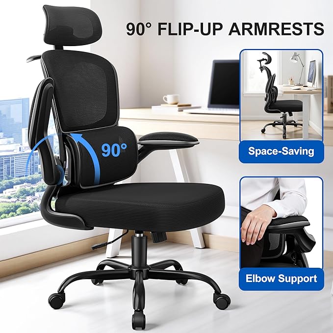 Ergonomic Office Chair, Mesh Desk Chair with Lumbar Support, High Back Home Office Chair with Adjustable Headrest and Flip-Up Arms, Comfortable Computer Chair, Thick Cushion, 300 LBS, Black