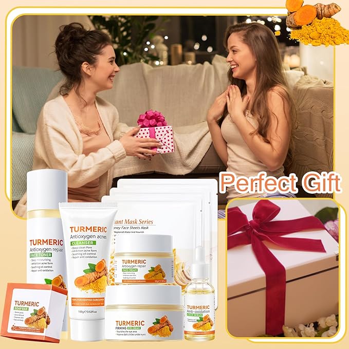 Turmeric Skin Care Set,9 Pcs Turmeric Skin Care Kit with 3 Honey Sheet Masks,Turmeric Soap Bar,Face Wash,Toner,Face Serum,Face Moisturizer Cream,Eye Cream