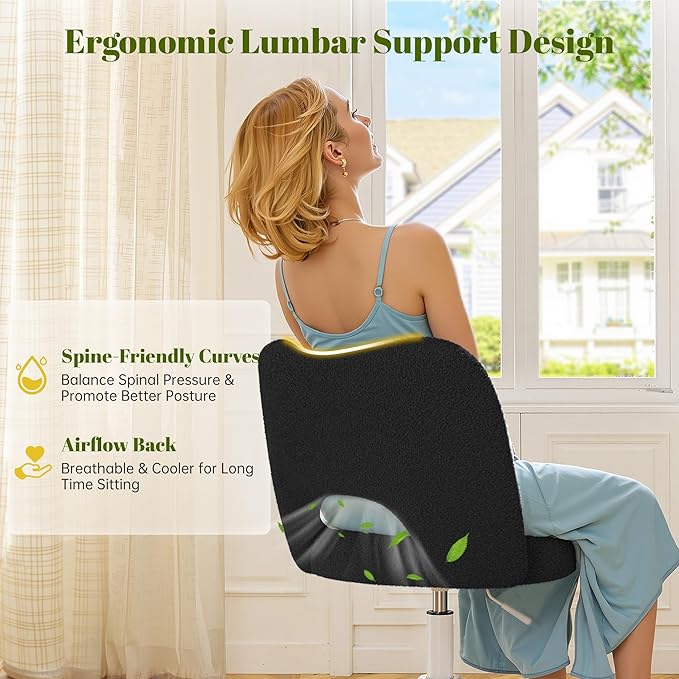 Small Vanity Chair with Silent Wheels Black, Cute Vanity Chair with Back,Ultra-Plush Fleece Cute Desk Chair, Small Office Chair Height Adjustable,for Make-up Room,Bedroom