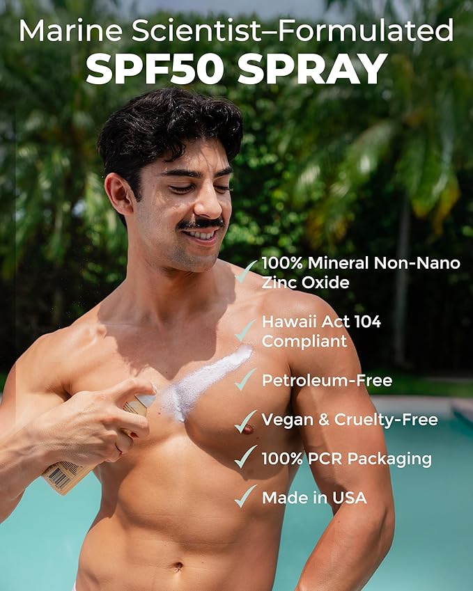 Miami Beach Bum SPF 50 Sunscreen Spray - 6 fl oz Reef Safe Water Resistant Sunscreen Blocked Mineral BOV Spray with Algae, Aloe & Antioxidants - Non Aerosol, Hawaii Reef Compliant, Petroleum Free