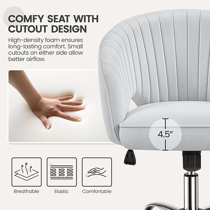 Yaheetech Velvet Swivel Vanity Chair with Back Upholstered Home Office Desk Armchair with Wheels Small Desk Chair for Bedroom Light Gray