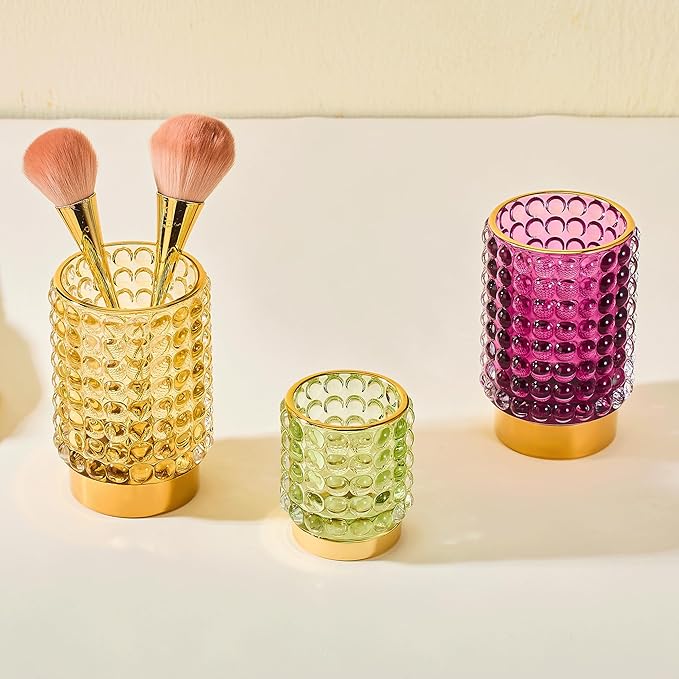 Makeup Brush Holder Organizer,Toothbrush Holders,Desk Pen Pencil Holder,Multifunctional Vintage Glass Brush Cup(A38-3-US/Gold/L)