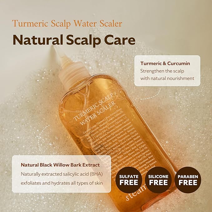 STEAMBASE Turmeric Scalp Water Scaler | Scalp Exfoliator for Itchy Dry Scalp, Thinning Hair, Buildup Remover, Treatment for Excess Sebum Oily Greasy Hair | Korean Hair Care Products, 8.45 fl oz