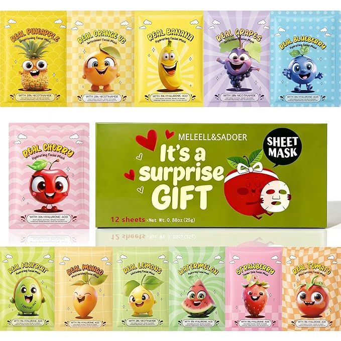 Collagen Face Masks Skincare Bulk,Hydrating Spa Face Mask Beauty for Sensitive Skin,Sheet Mask for Women Skin Care, Facial Mask Sets for Teen Girls (12 Masks Fruits)