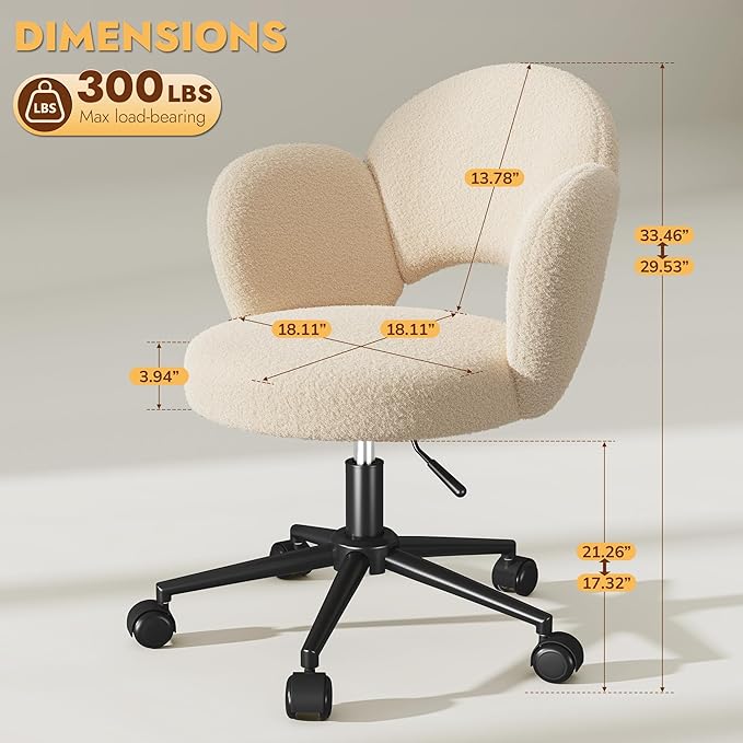 Petal Vanity Chair, Cute Vanity Chair with Wheels, Height Adjustable, Velvet Desk Chair for Study, Makeup & Relaxation, Creamy Beige