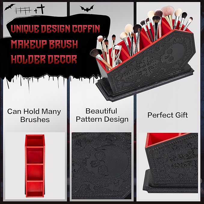 Gothic Coffin Decor Makeup Brush Holder,Spooky Witchy Gifts for Women,Skull Cosmetic Display Cases,Goth Decor Pen Holder, Vanity, Desk, Office Organizer for Christmas Bedroom Bathroom (Red)
