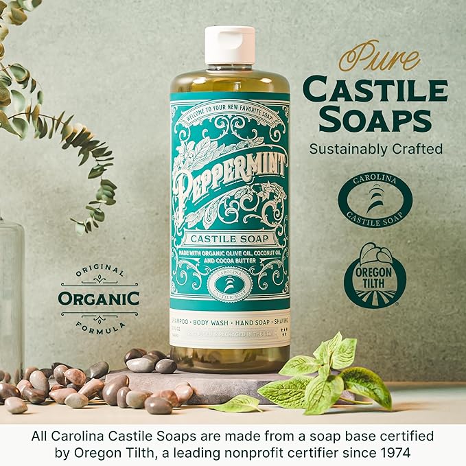 Carolina Castile Soap Peppermint Scent – Certified Organic Base, High Olive Oil Content, Non-Drying, Made with Organic Oils, Concentrated Natural Body Wash for Men and Women (Peppermint, 1 gallon)