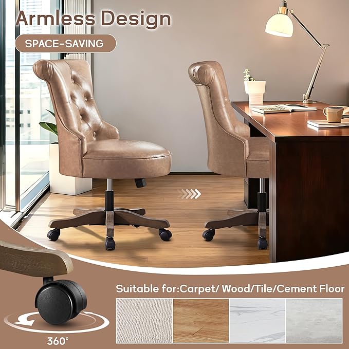 HUIMO Home Office Chair Upholstered Armless Desk Chair with Wheels Adjustable Height Computer Desk Chair with Wooden Legs Comfortable Swivel Chair for Home Office Study Studio (Light Brown)