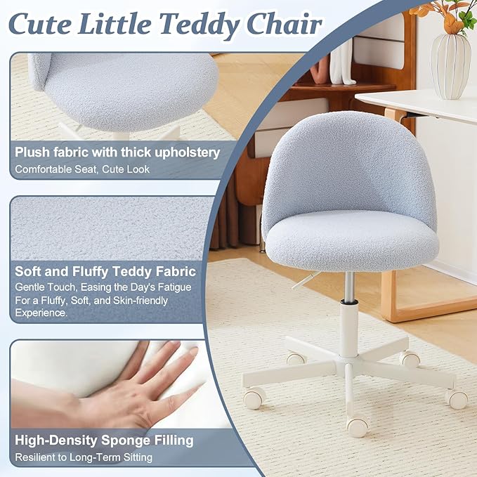 VINGLI Candy Chair Armless Cute Desk Chair,Comfy Small Office Chair with Wheels,Vanity Chair with Lumbar Support,Teddy Adjustable Rolling Swivel Computer Task Chair for Home Office,Bedroom,Poetic Blue