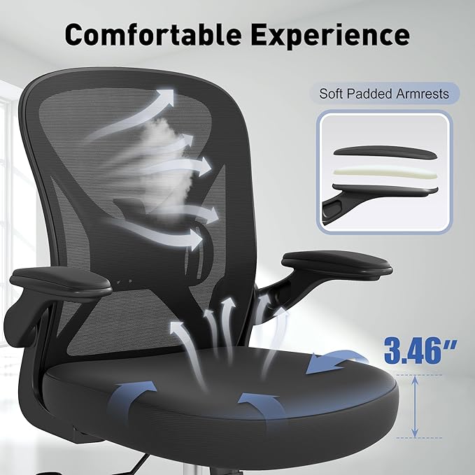Mesh Office Chair with Adjustable Lumbar Support and Flip-up Arms, Ergonomic Home Office Desk Chair with Wheels, Black