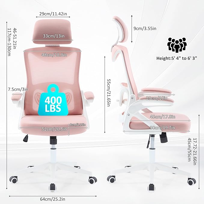 Fizzin Ergonomic Office Chair,Ergonomic Desk Chair with Headrest Mesh Computer Chair with High Back Adjustable Lumbar Support, Rolling Swivel Chairs with Wheel Armrests for Home Office(Pink)