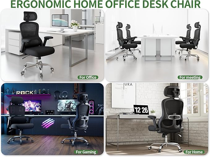 Office Chair - Ergonomic Desk Chair with Adjustable Headrest Lumbar Support Computer Chair - Mesh Comfy Chairs with Flip-up Armrests - Big and Tall Gaming Chairs for Adults Home Office(Black)